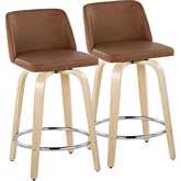 Toriano 24" Swivel Counter Stool in Natural Wood & Camel Leatherette with Chrome Footrest (Set of 2)